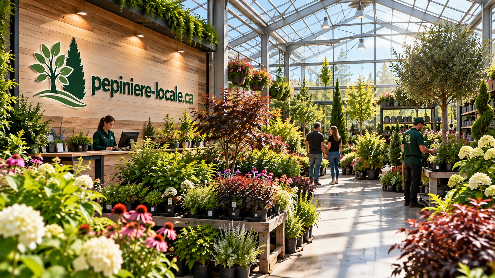 Intérieur d'une serre de centre jardin avec comptoir de service, tables de vivaces fleuries, arbustes en pot et clients accompagnés d'une conseillère