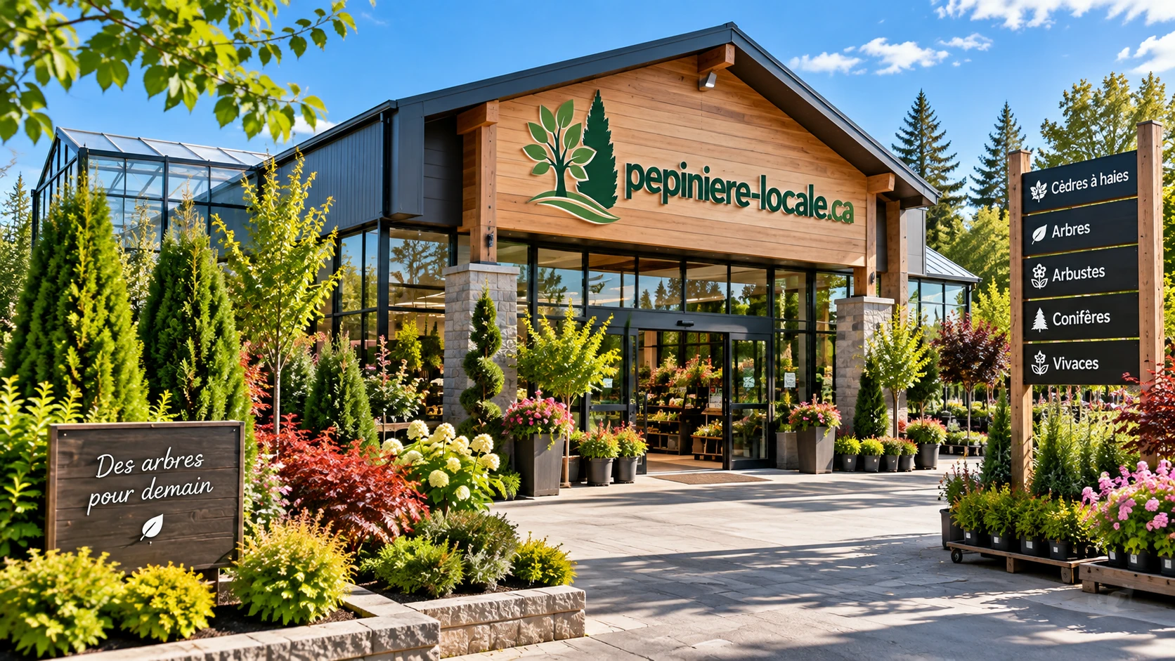 Devanture d'un centre jardin avec entrée vitrée, cèdres et arbustes alignés devant, et panneau de signalisation des rayons