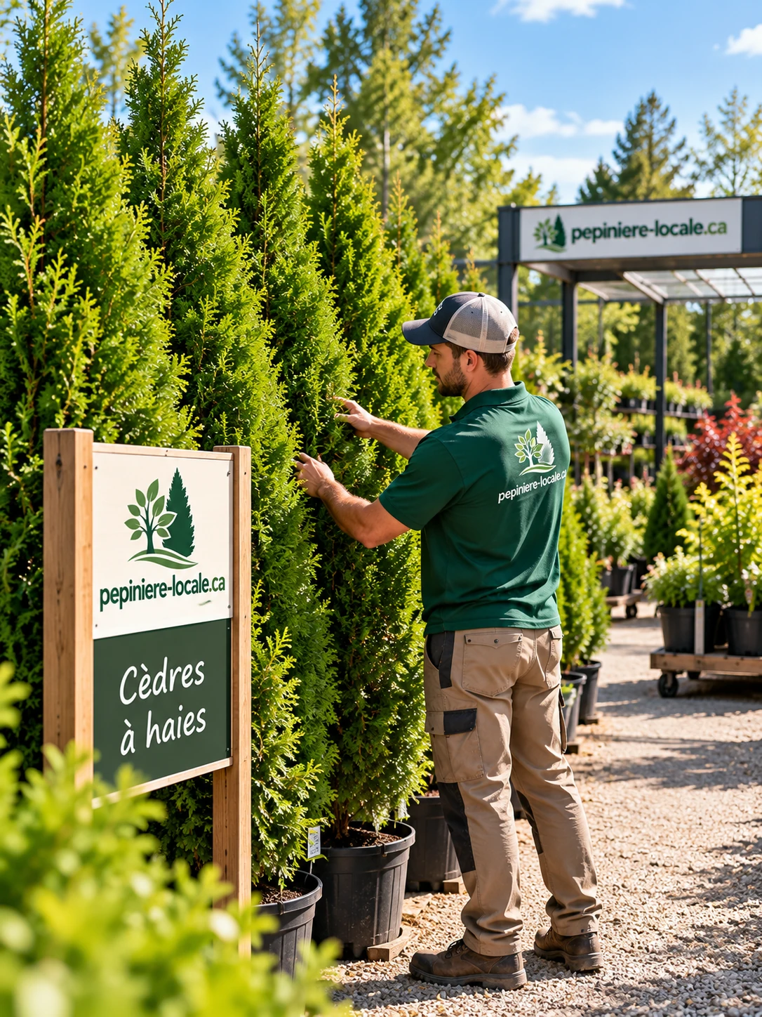 Employé de pépinière inspectant une rangée de cèdres à haies en pot, devant le panneau du rayon des cèdres