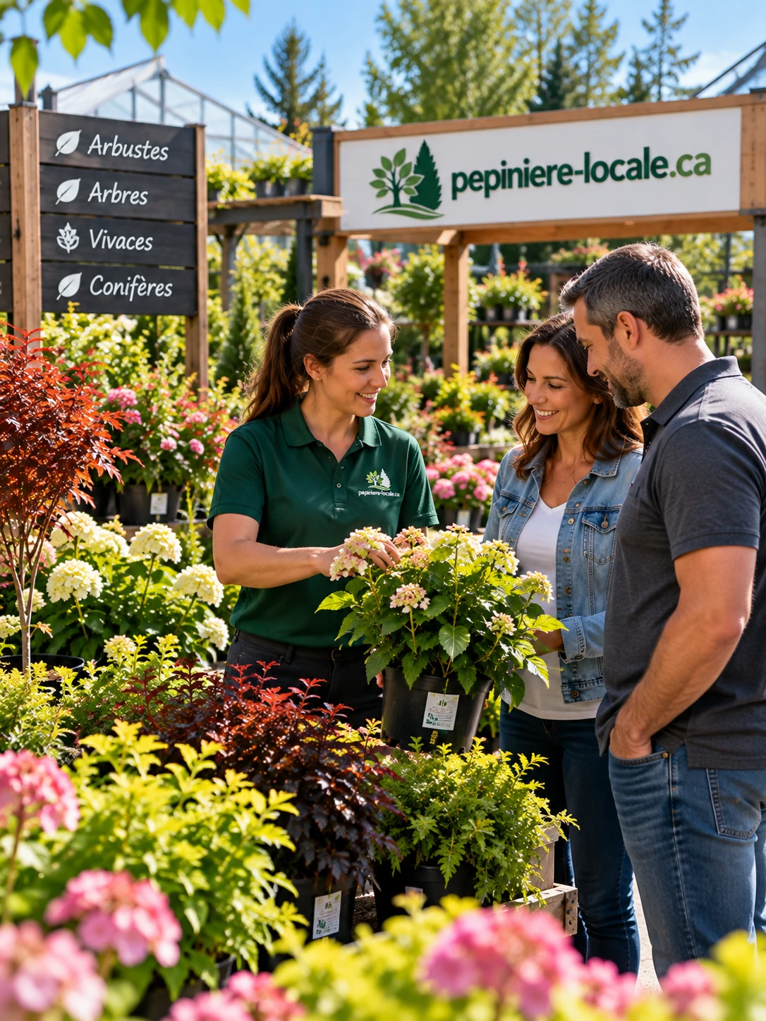 Conseillère en horticulture présentant un hortensia en pot à un couple de clients, devant les rayons d'arbustes et de vivaces